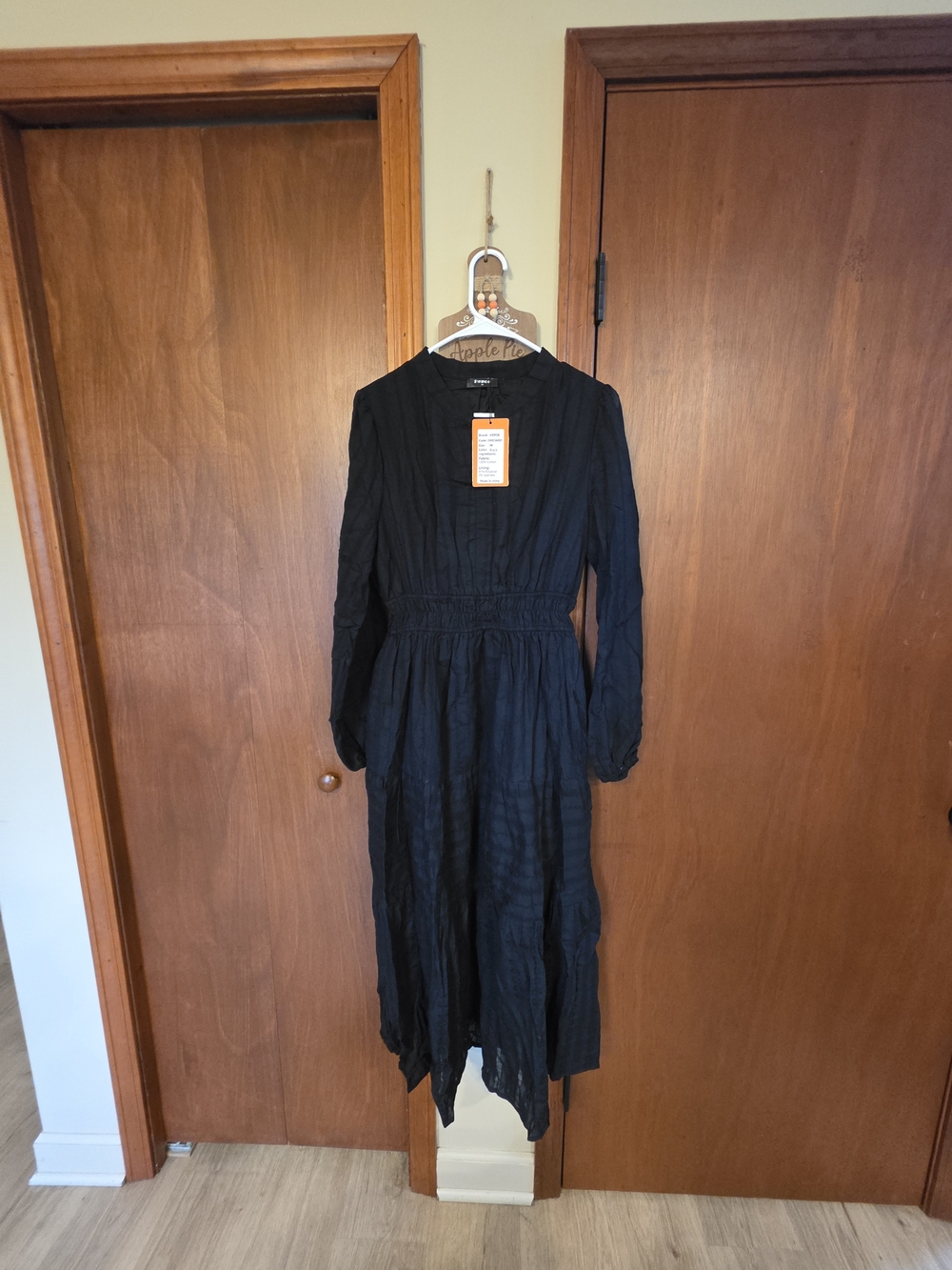 Women's Black Long Sleeve Midi Dress with Smocked Waist, With Pockets